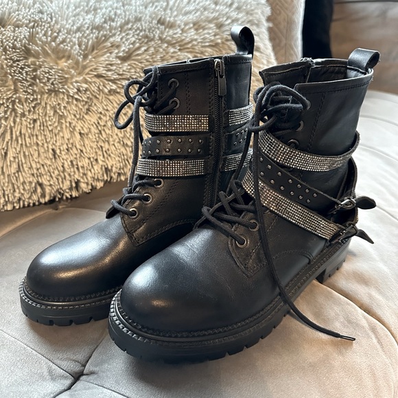 Black Studded Rhinestone Combat Moto Boot - Picture 7 of 8